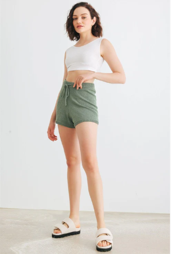 Dusty Green Knit High Waist Shorts