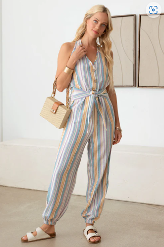 Colourful Stripe Tie Halter Jumpsuit
